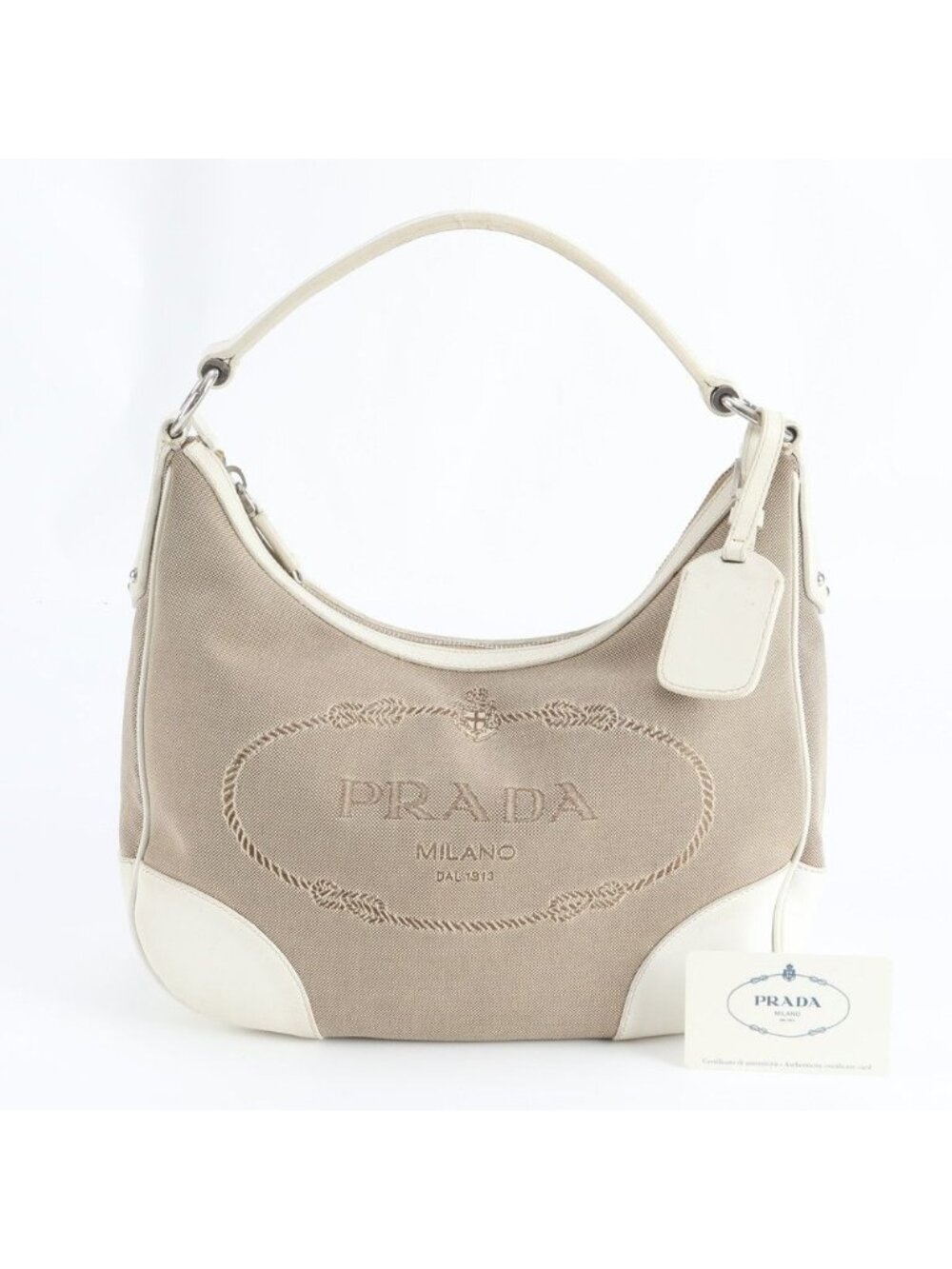 Prada Logo Jacquard Hobo Leather Shoulder Bag